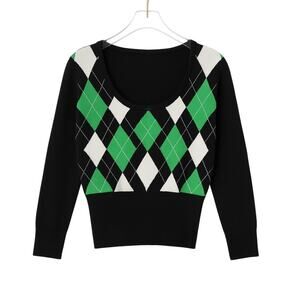 2000s Vintage Y2k Nine West Black & Green Preppy Argyle Sweater Large Scoopneck